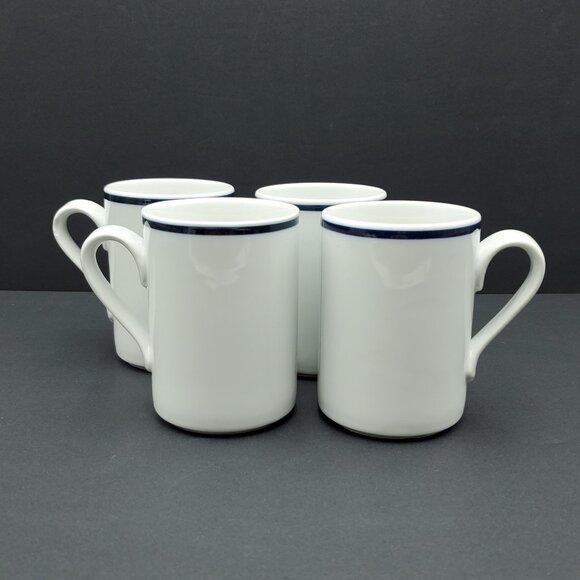 Dansk Bistro Christianshavn Blue Mugs White Porcelain Mugs with a Blue Band - Picture 1 of 9
